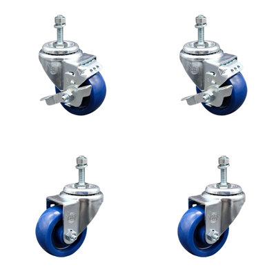 3.5 Inch_Solid Polyurethane Swivel 10mm Threaded Stem Caster Set 2 Brake SCC