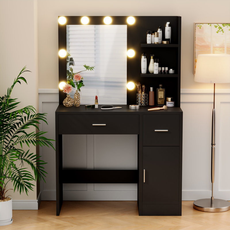 Bureau de maquillage avec lumière et miroir, Noir