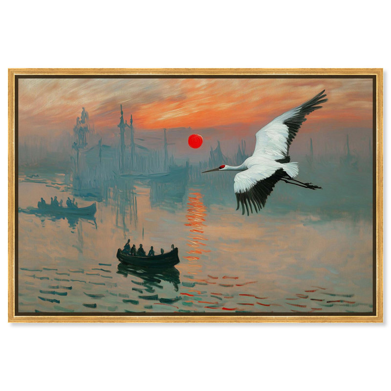 «Crane Sunset», toile par Pet Remedy, H 21 po x l 31 po, Cadre flottant doré