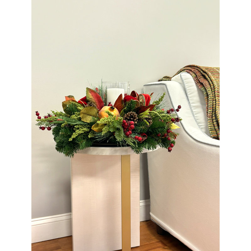 Holiday Candleholder Arrangement with Evergreens and Pinecones