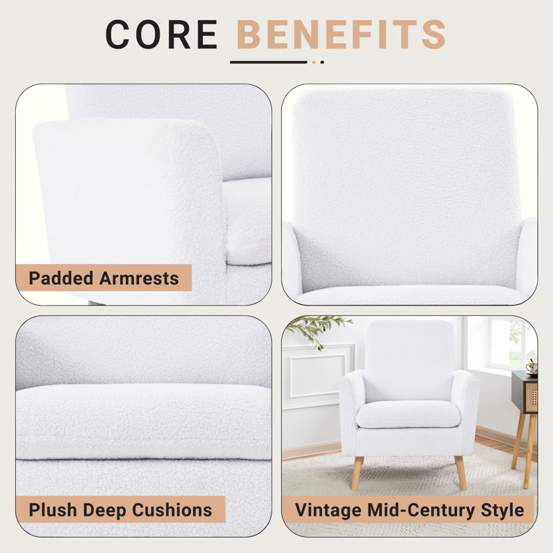 Mid-century Modern Soft Teddy Fleece Accent Chairs for Living Room, Bedroom, oak legs armchair, White Teddy Fleece Fabric