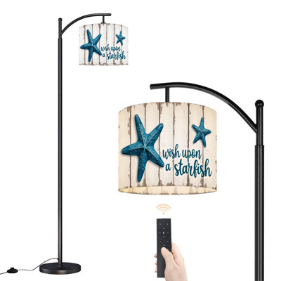 Arc Floor Lamp with Adjustable Lampshade Vintage Hippocampus Seashells Ocean Wooden Standing Lamp 3 Color Temperatures Dimmable Tall Pole Lamp with Foot Switch for Bedroom