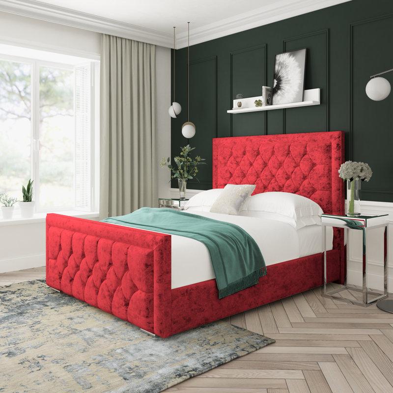 Maple Crushed Velvet Upholstered Ottoman Bed Frame, Single (3'), Red