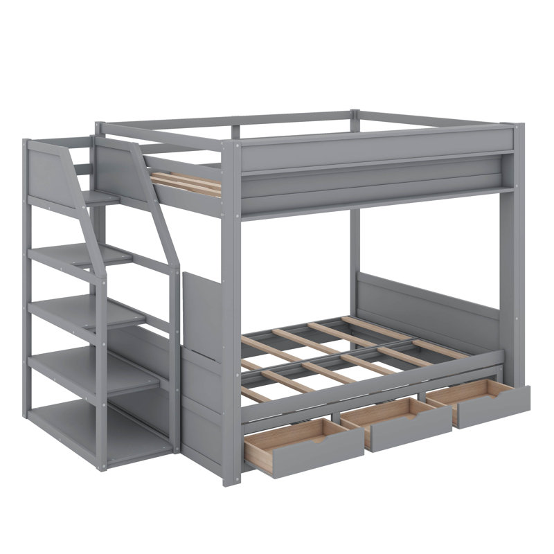 Lit superposé convertible en bois pleine grandeur avec escalier de rangement, table de chevet et 3 tiroirs, gris