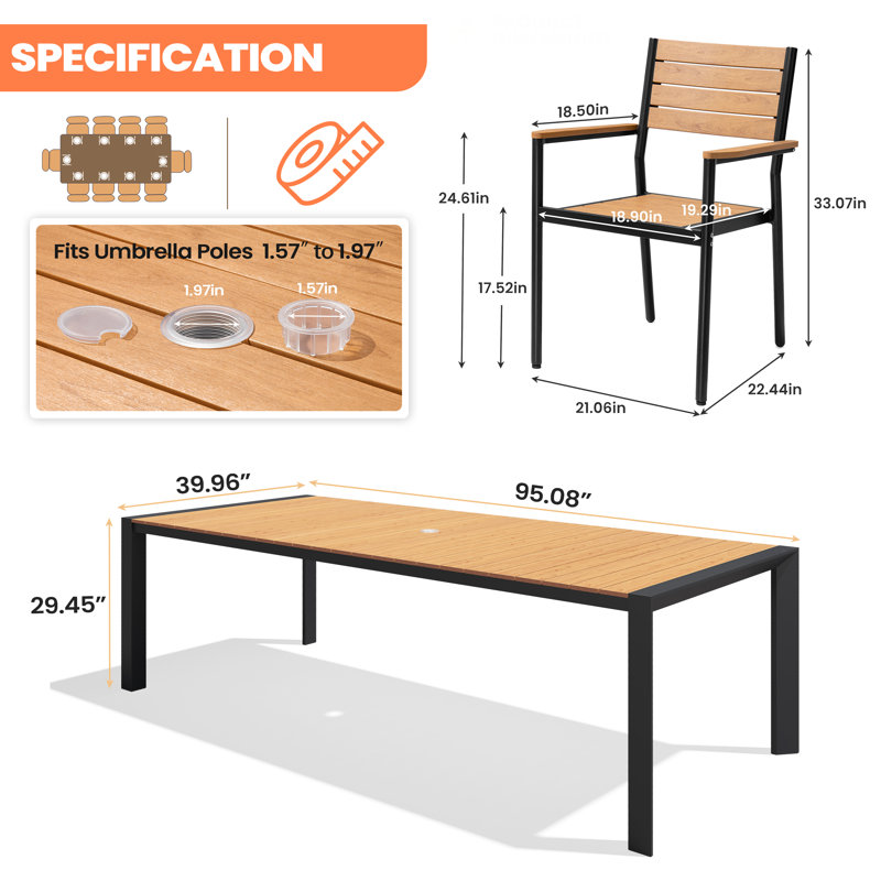 11 - Person 95'' W X 40'' D Aluminum Patio Dining Set With Stackable Armchairs And Umbrella Hole, Brown