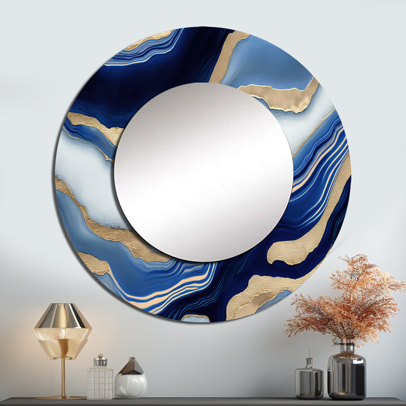 «Sheriden Vibrant Blue and Gold Flow Art III», miroir mural décoratif transitionnel, miroir rond moderne, impression d'art en métal