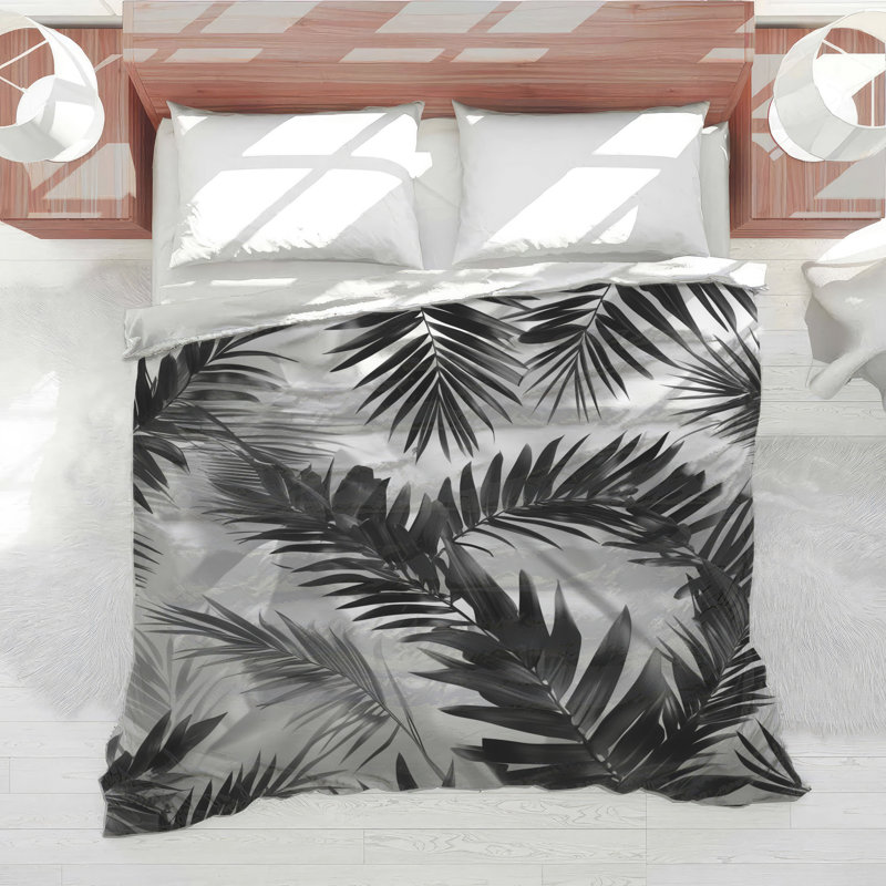 Édredon noir avec feuilles de palmier, Grand lit, Noir blanc