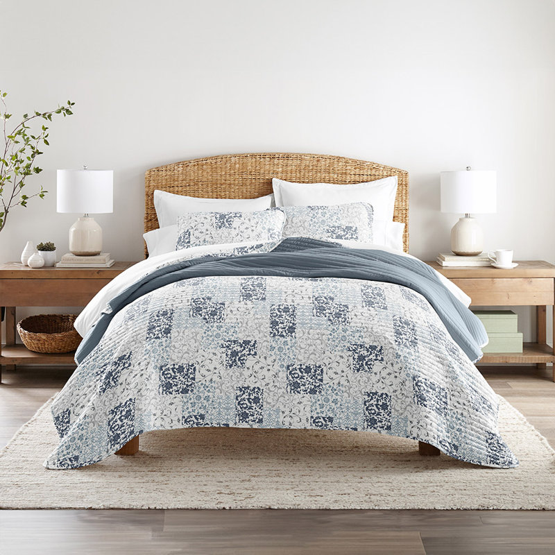 Ensemble de couvre-lit courtepointe en microfibre réversible à motif toutes saisons en patchwork ultra doux, Bleu