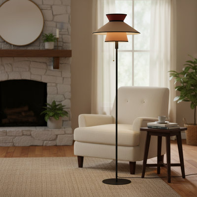 Lampe sur pied Mid-Century moderne avec double abat-jour en tissu, interrupteur à chaîne et base noire - Compatible avec ampoule E26