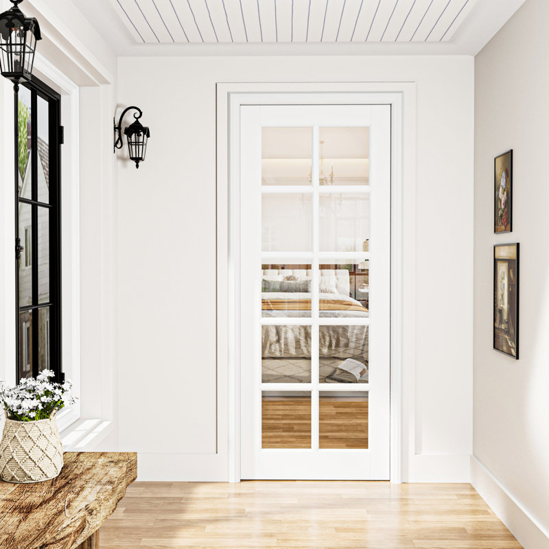 10-Lite Clear Glass Painted French Slab Door White Primed Solid Manufactured Wood Interior Morden Door, 24" x 80"