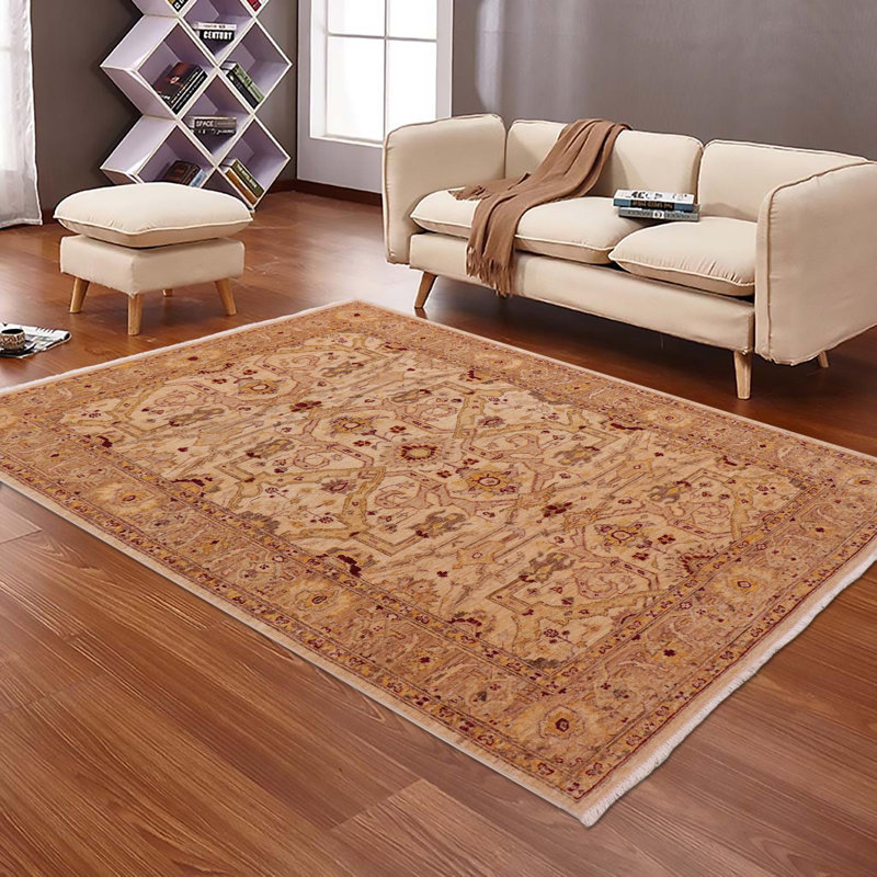 Laine beige foncé noué à la main de style oriental Junko 4 pi 11 po x 7 pi 1 po