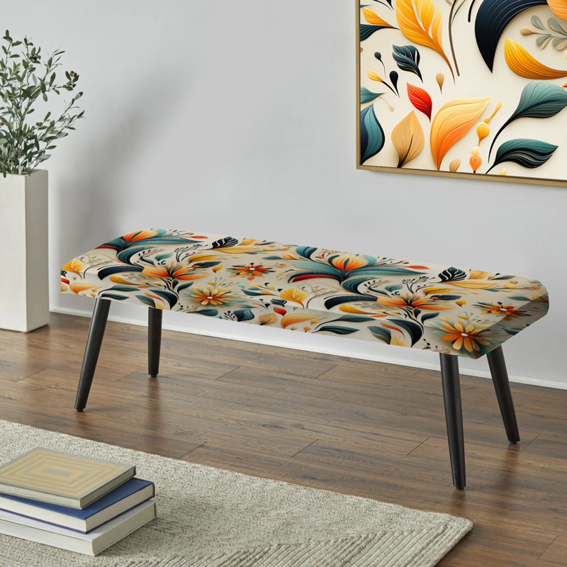 Yellow Eclectic Boho Floral Radiance - Botanical Upholstered Black Bench