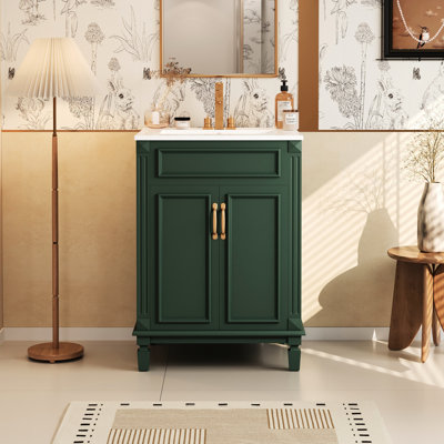 Meuble-lavabo de 61 cm avec lavabo, structure en bois massif, charnières, panneaux, grand espace de rangement, lavabo en céramique brillante, style rétro et poignée en métal raffinée pour un style moderne. Deux portes supérieures et une tablette réglable.