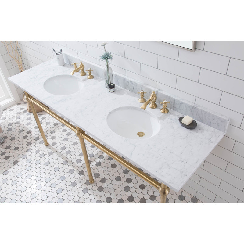 Embassy Stone Oval Console Bathroom Sink with Faucet and Overflow, Satin Brass