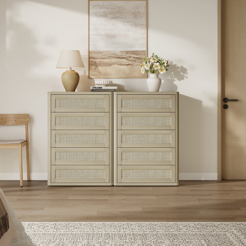 Commode 5 tiroirs Boho-Rattan, Chêne sablé, 1