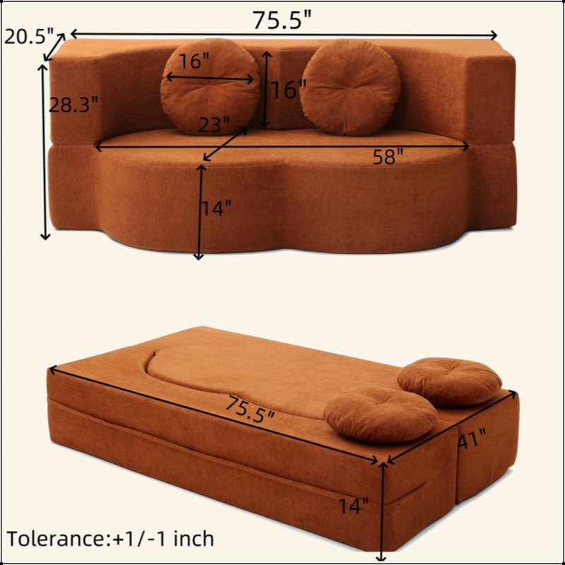 Boneless 2-In-1 Folding Sofa Bed With Pillow, Queen Sleeper Sofa, Floor & Futon Loveseat Couch, Foam Folding Mattress Sleeper For Living Room, Guest Use, Office, Apartment, No Assembly Required