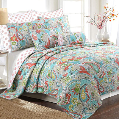 Ensemble de courtepointe réversible en microfibre bleu sarcelle / corail / vert 3 pièces Mirage