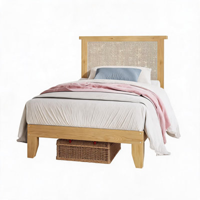 Base de lit plateforme bohémienne avec tête de lit en rotin naturel fabriqué à la main, appliques et lumières à DEL RVB télécommandées, support de lattes en bois massif, conception silencieuse, aucun sommier tapissier requis