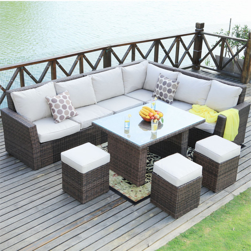 Ensemble de conversation modulaire en rotin 8 pièces avec coussins Outten, Brun