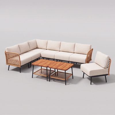 Benno 9-Piece Boho Rattan Patio Conversation Set, Modular Outdoor Sectional with Olefin Cushions and 2 Coffee Tables