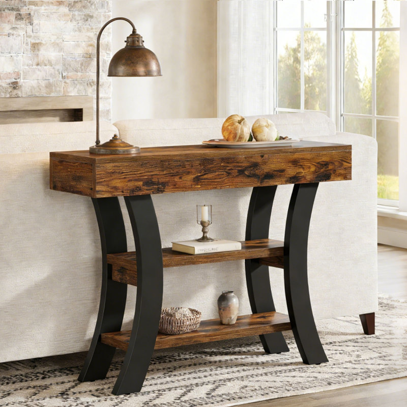 Console de 41 po avec tablettes de rangement et cadre incurvé, Noyer / noir
