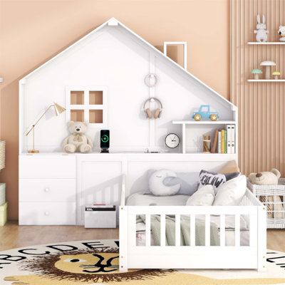 Lit House avec fenêtre et tiroirs de chevet, lit plateforme avec tablettes, prises et USB