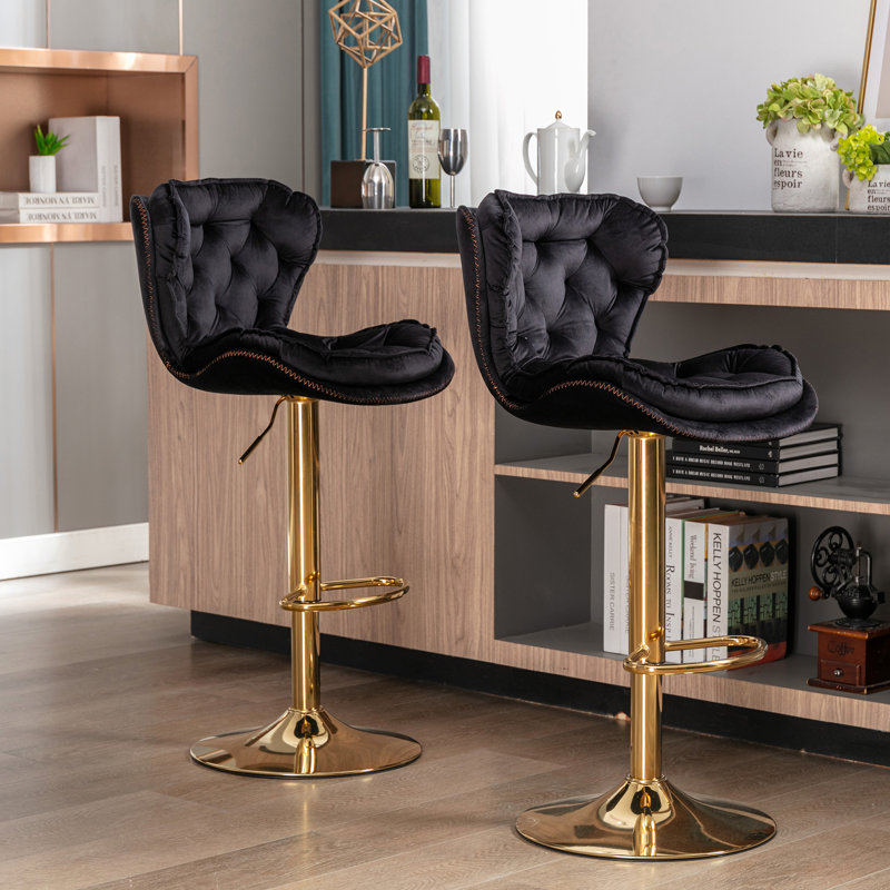 Ensemble de 2 tabourets de bar réglables avec repose-pieds chromé et base pivotante, Black