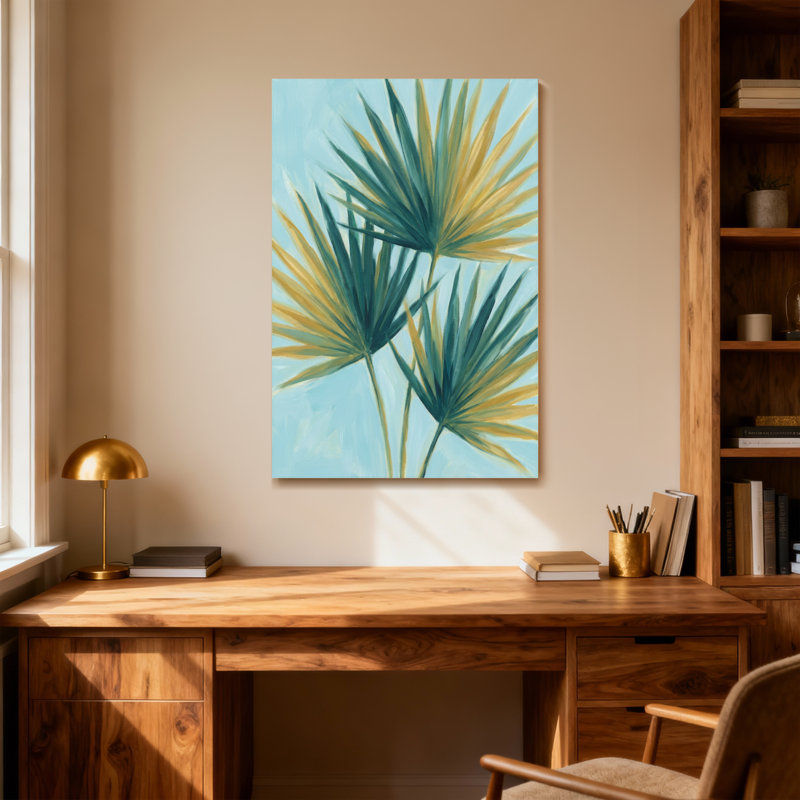 Plantes et fleurs, feuilles de palmier tropicales sur fond bleu, H 40 po x l 28 po