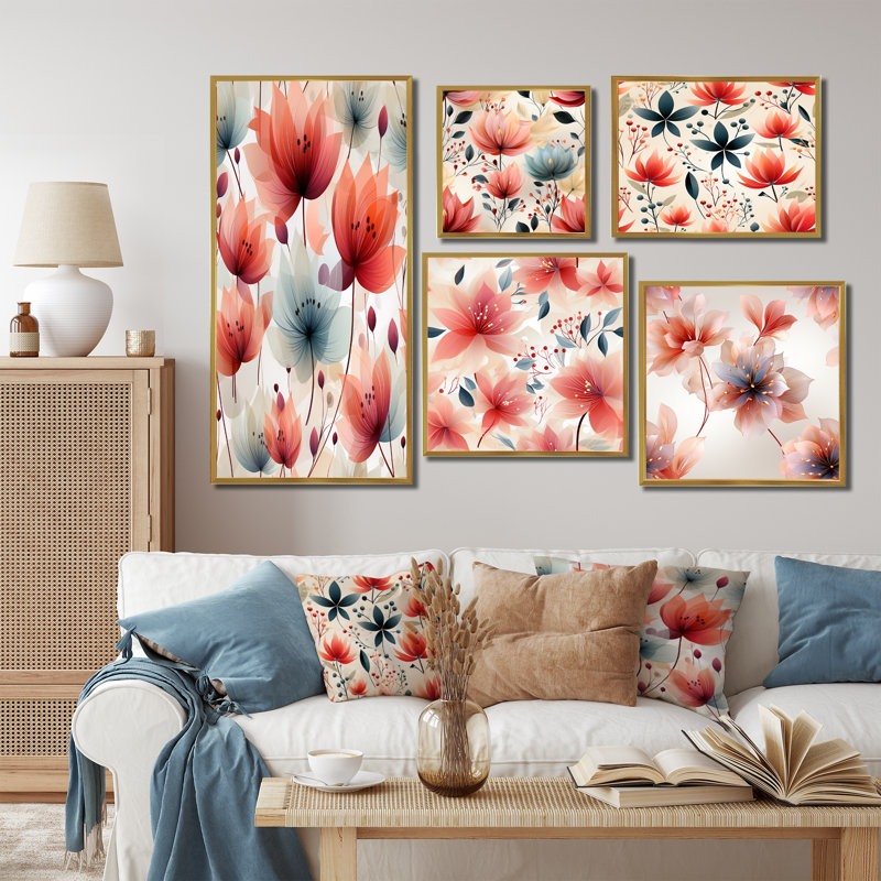 Élégant motif floral rouge - ensemble de 5 décorations murales florales, Cadre flottant doré