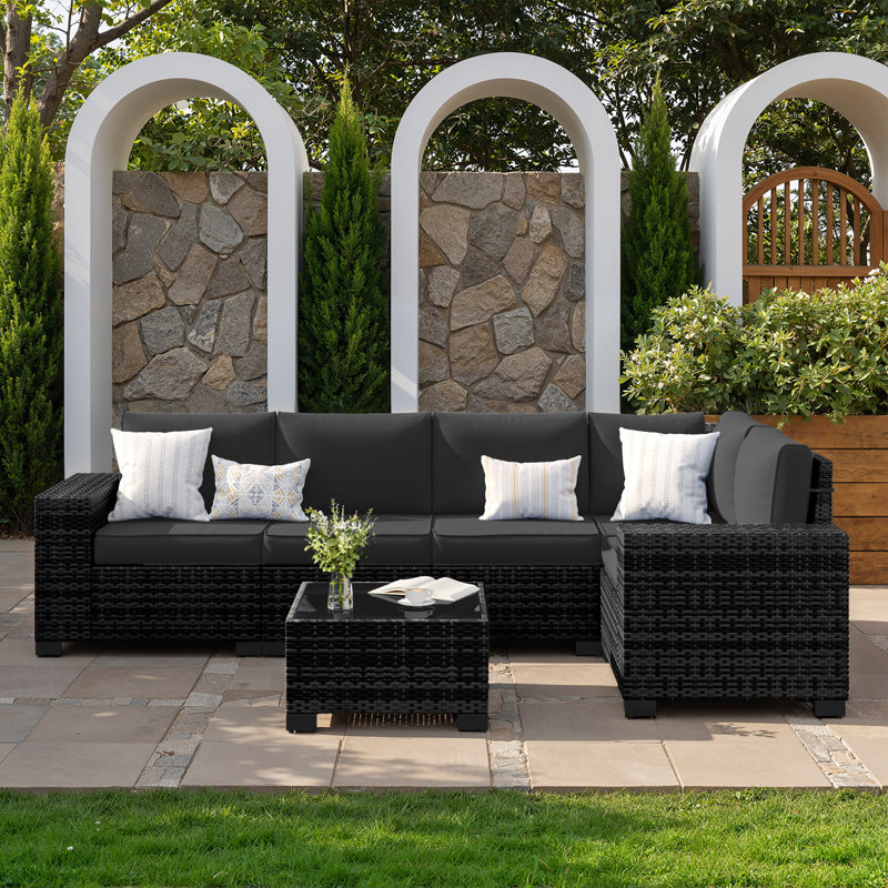 5 - Person Wicker Outdoor Modular Sectional Seating Group with Cushions, Black Cushion/Black Frame, 6 Pcs: Table, 5 Chairs