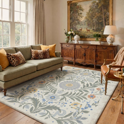 Tapis lavable à la machine à motif floral rétro gris et bleu Clermont