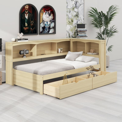 Lit de jour avec deux tiroirs de rangement, armoires de rangement et ports USB
