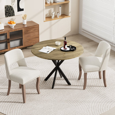 31in Round Dining Table Set with 2/4 Fabric Chairs, Rustic Brown MDF Top, Industrial Farmhouse Style for Small Spaces