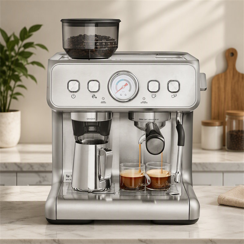 Machine à espresso de 15 bars avec broyeur intégré, contrôle PID et mousseur à lait