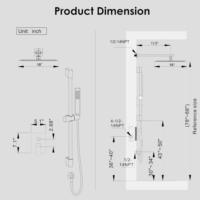 Wall Mounted Slide Bar Shower Faucet with 10 Inches Rain Shower Head and Handheld Spray Combo, Shower Mixer with Valve, High Pressure Shower Head Set
