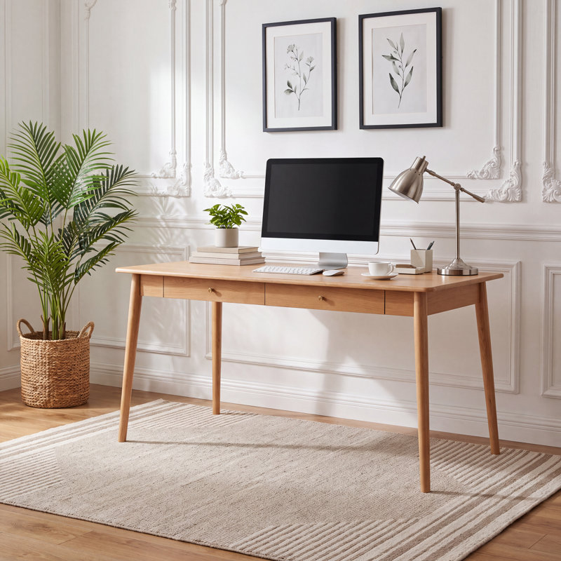Bureau en bois massif 59 po avec tiroir MCM, Yellow, 55"W x 23.22"D