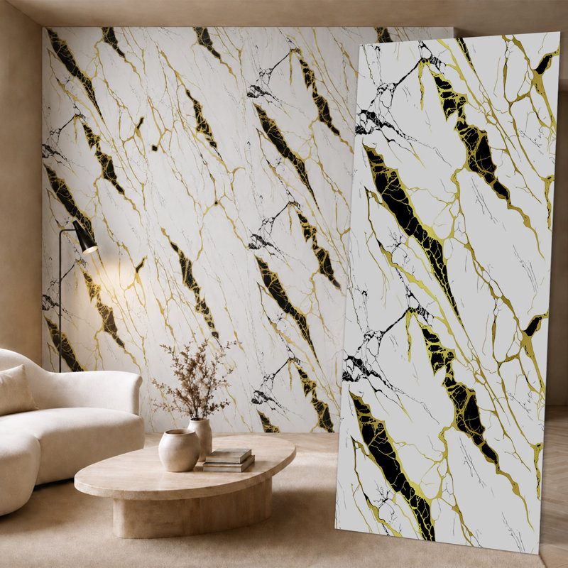 Panneaux muraux brillants en faux marbre UV Falkirk Irvine IV 4' x 9', coloris blanc, or et noir (paquet de 5)