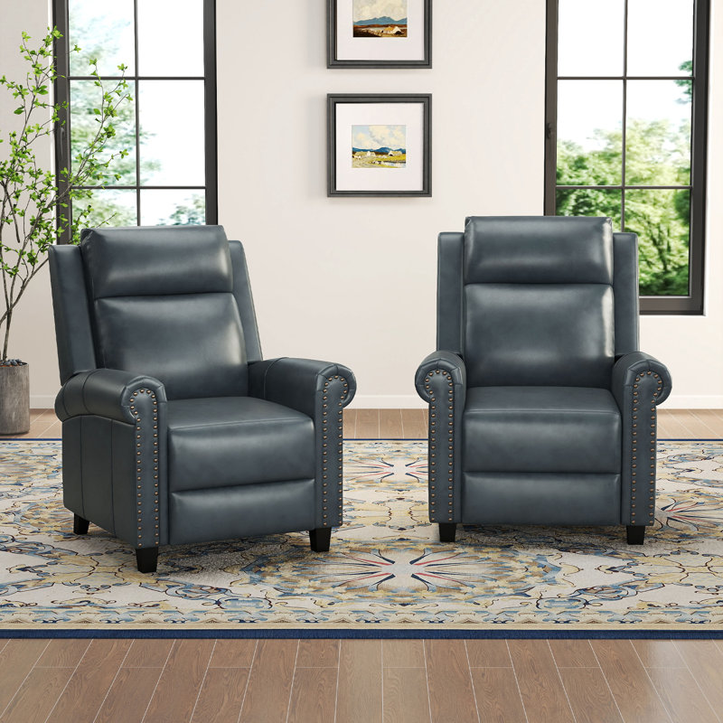 33.5" W Top Grain Leather Push-Back Recliner, Blue-Gray