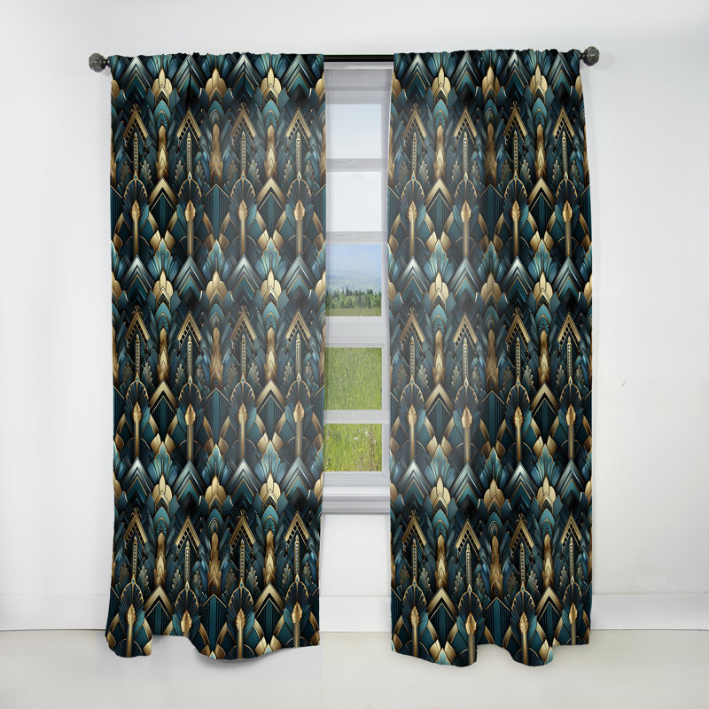 Teal And Gold Art Deco Geometric Glamour - Damask Curtain - Velvet Room Darkening - 1 Panel, 52" W x 84" L