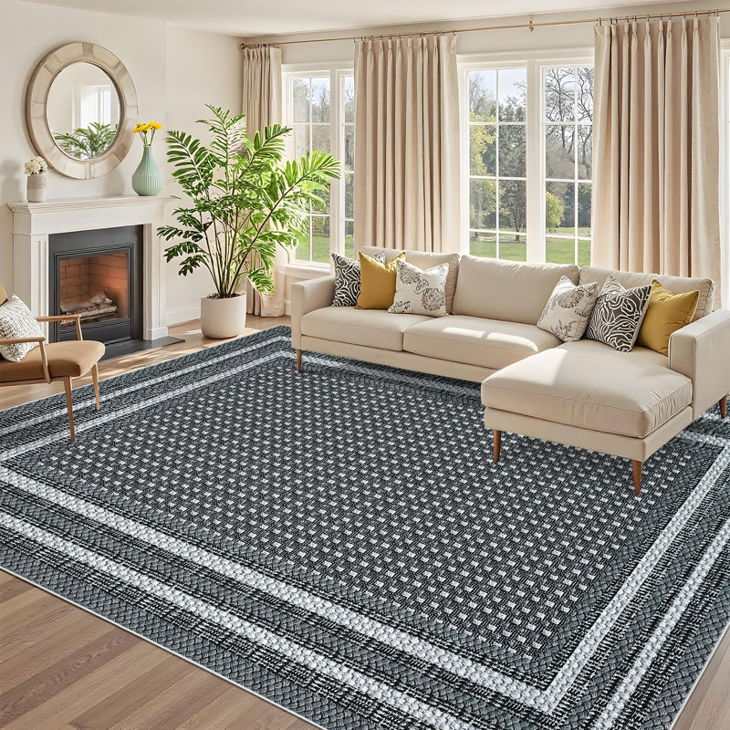 Area Rug Washable 10x13 Braided Boho Living Room Rug Non Slip Modern Bordered Accent Carpet for Bedroom Playroom BlackG
