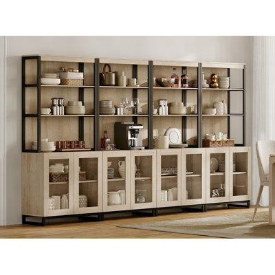 Buffet 4 pièces 72 "avec portes en verre et tablettes réglables, armoire multifonctionnelle avec rangement et tablettes ouvertes pour la salle à manger ou la cuisine