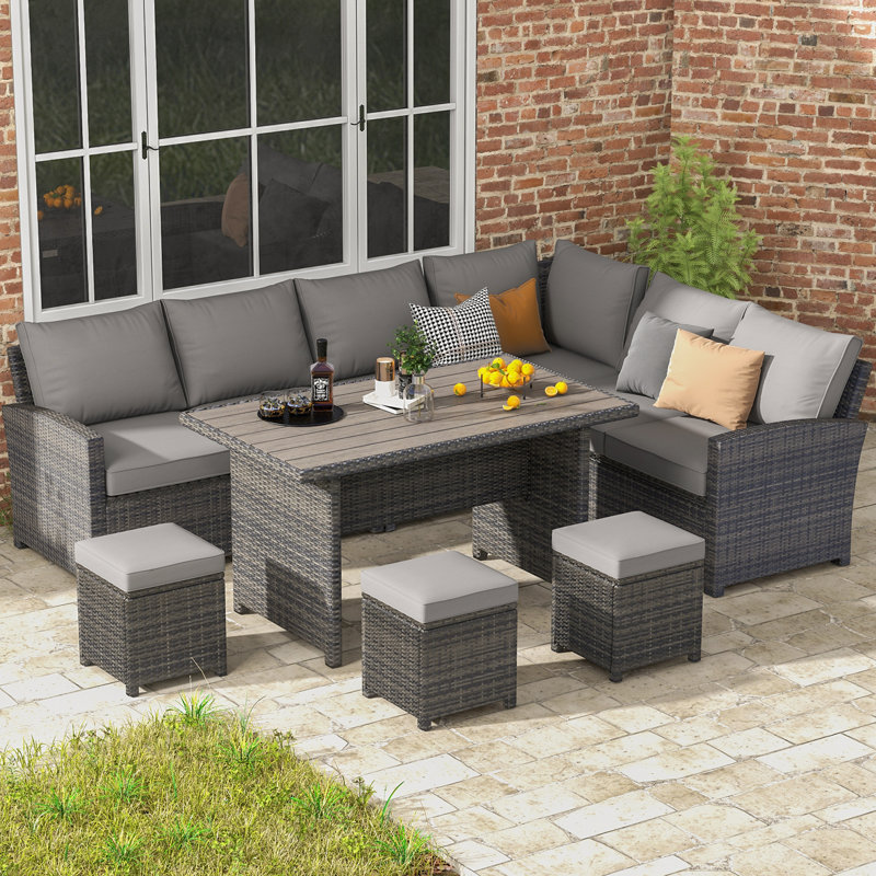 Chaise longue en rotin 7 pièces avec coussins Hinesville, Structure grise / coussin gris foncé