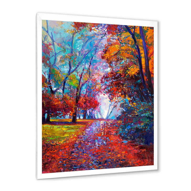 Petite route à travers le paysage d'automne rouge - peinture sur toile, H 20 po x l 12 po x P 1po, Cadre photo blanc