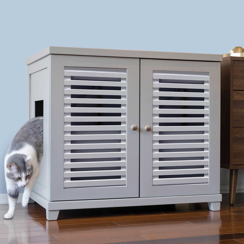 The Refined Litter Box - Wood Cat Litter Box Enclosure Cabinet With Drawer, Bar Style + Feet, Large, Smoke, Tape
