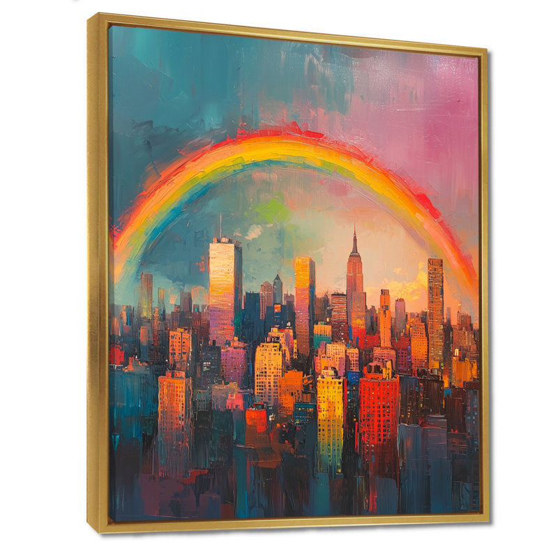 Arc-en-ciel au-dessus de la ville de Newyork II - art mural arc-en-ciel, Reproduction avec cadre flottant, H 32 po x l 16 po