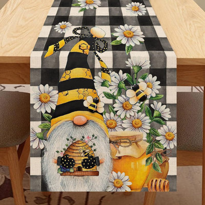 Table Runner - Black & White - Spring/Summer Bee Gnome With Buffalo Plaid And Daisy Accents, Farmhouse Style, Indoor/Outdoor Decor