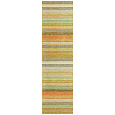 2' X 8' Artichoke Green Striped Washable Non Skid Indoor Outdoor Runner Rug