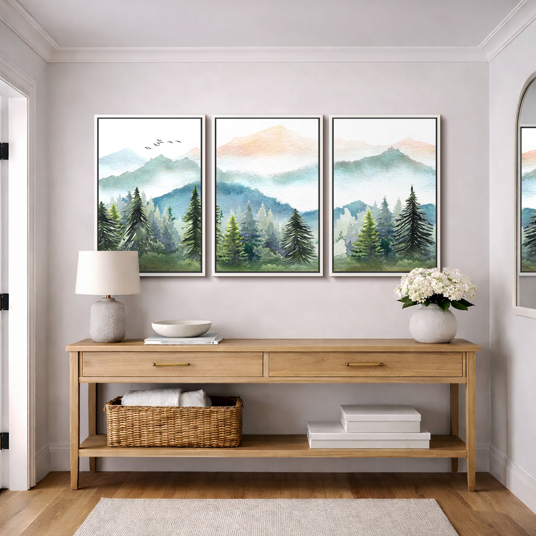 Woodland Forest Landscape "Green Watercolor Pastel Mountain Pine Tree Artwork, Neutral Modern Rustic Wall Pictures, Large Framed Canvas Giclee Print 3 Pieces Wall Art Set"  IDEA4WALL 