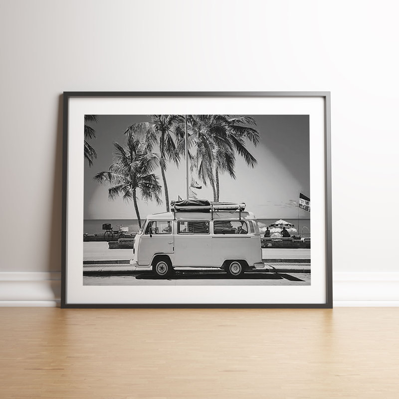 Beachside Surfer Camper Van B&W by Vouvart - Single Picture Frame Print