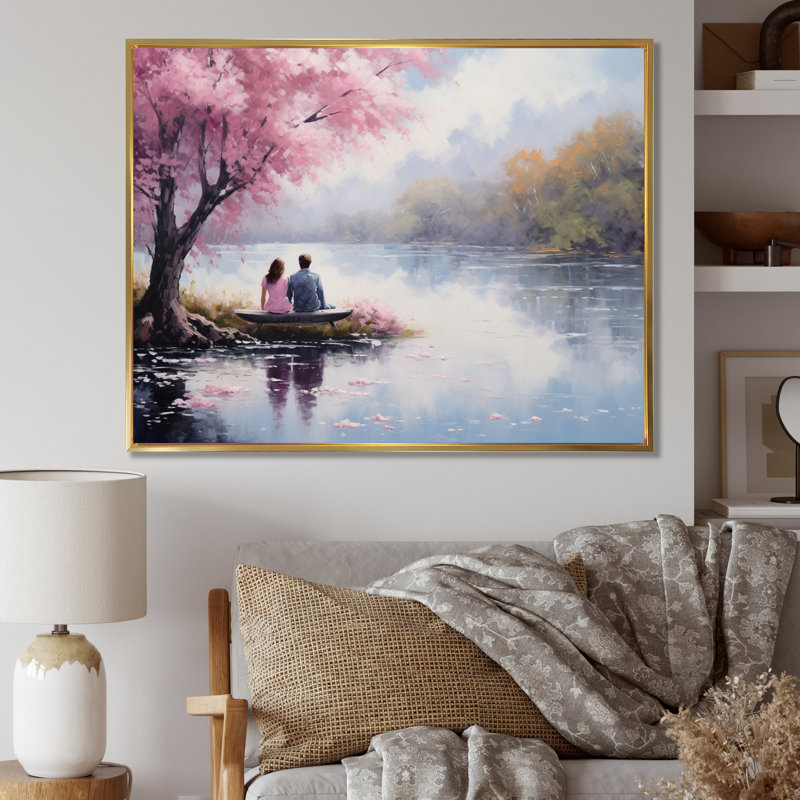 Romantic Couple Landscape Serenity III - Romantic Landscape Wall Art Living Room, Cadre flottant doré